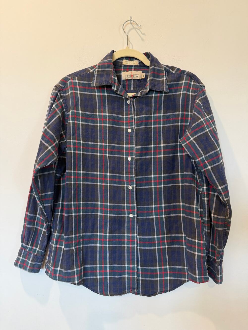 Vtg 90s J Crew Oarsman 100% Cotton Flannel Button Down Womens M Plaid Navy